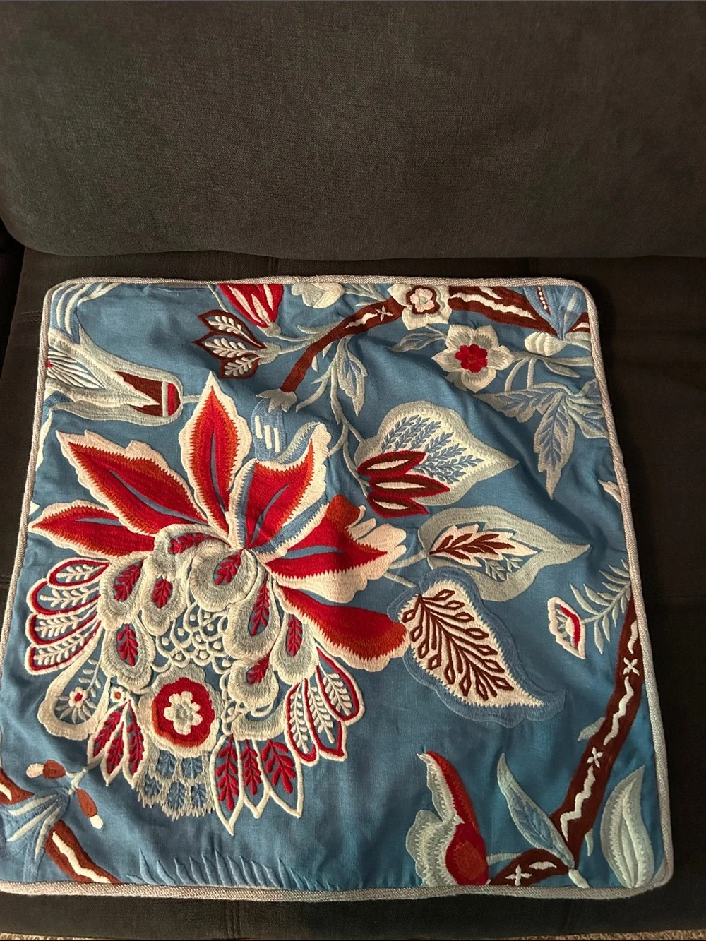Blue Floral Embroidered Accent Pillow Cover with Red and Cream Detailing